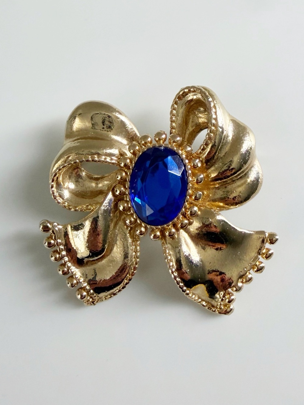 Vintage Gold Tone Bow Blue Brooch Pin
